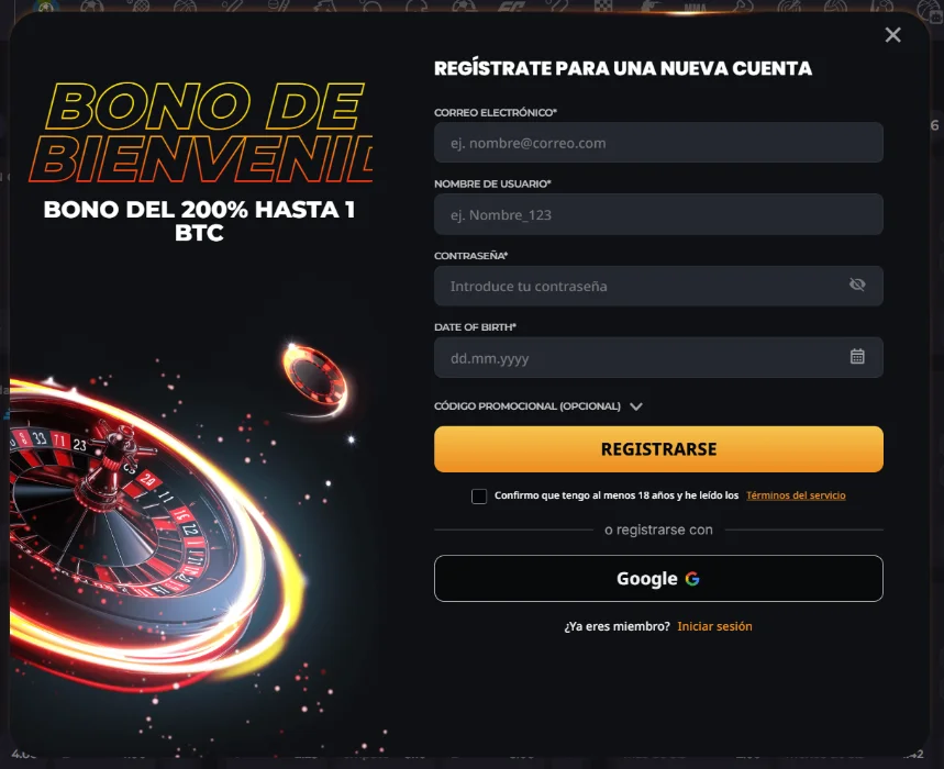 Registro y bono Instant Win casino formulario de registro con bono de bienvenida y creación de cuenta
